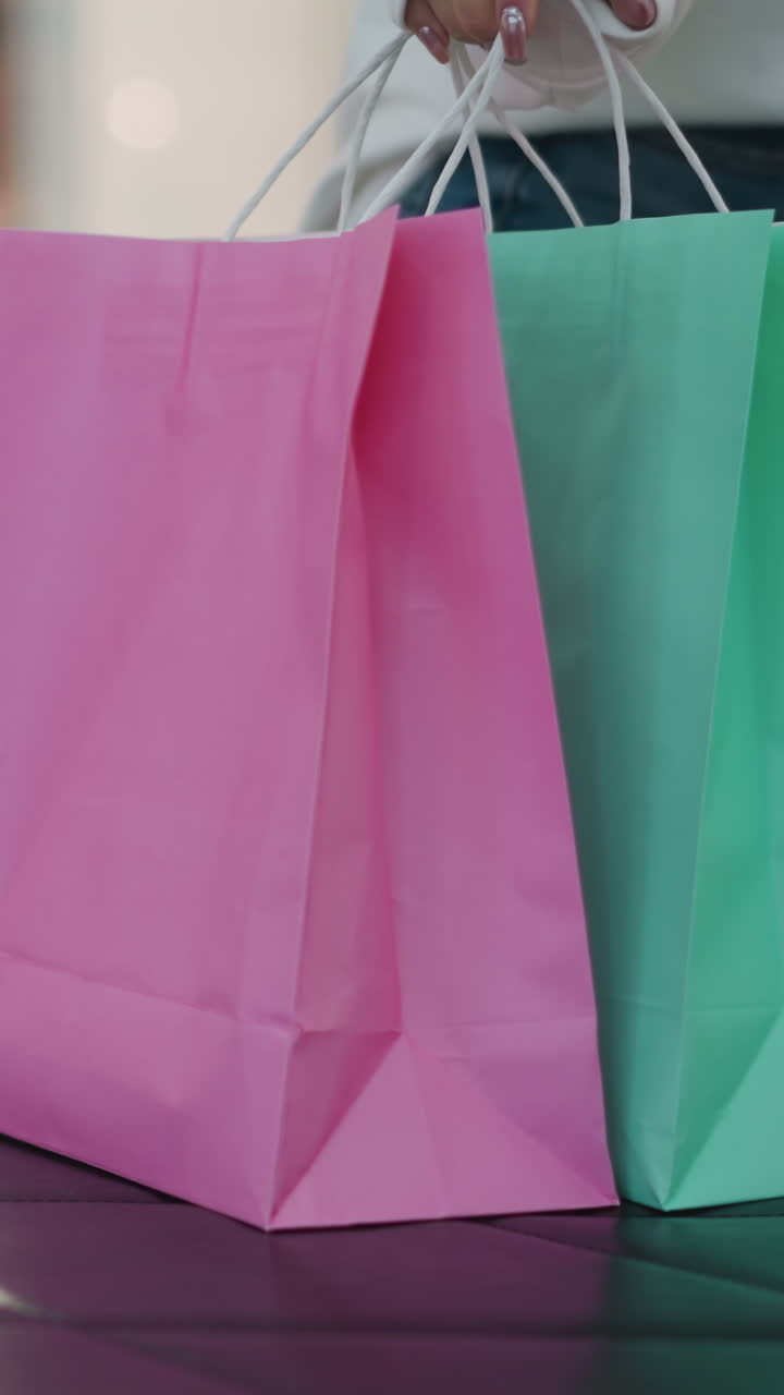 bolsas de compras de menta y rosa colocadas en una superficie de azulejos, ligeramente inclinadas, con un fondo borroso del centro comercial, una mujer en vaqueros se sienta cerca en el asiento de cuero