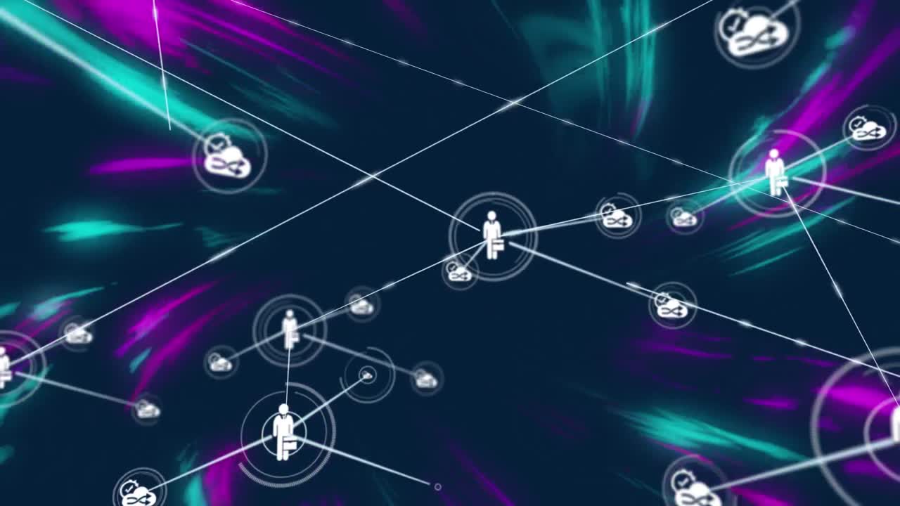 animación del perfil, iconos de nubes conectados con líneas sobre ondas multicolores en fondo azul.