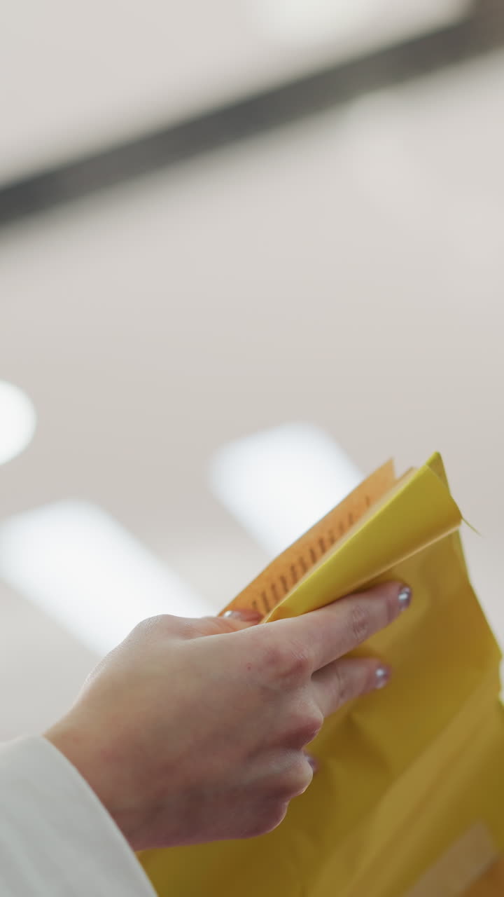 primer plano de manos delicadamente sosteniendo y leyendo un libro cubierto de amarillo, con un fondo suavemente borroso de un moderno centro comercial de iluminación interior