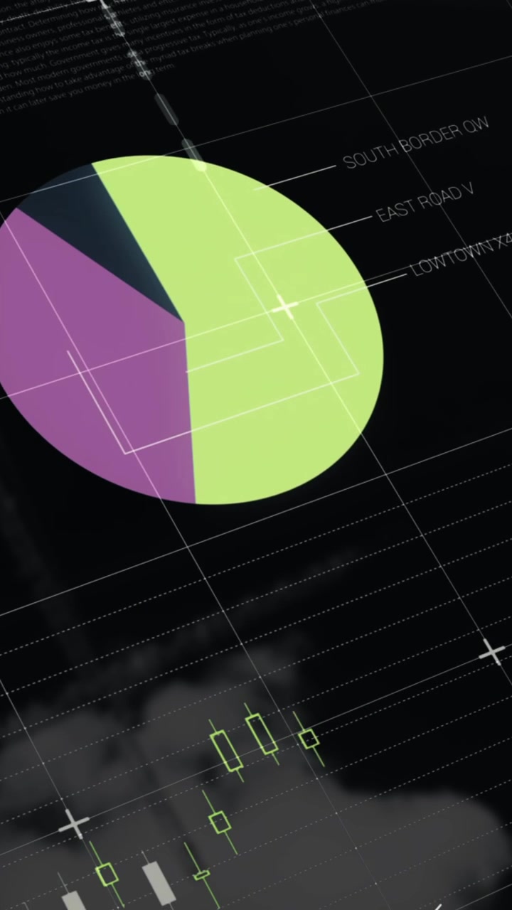 Animazione di elaborazione dati statistici su una rete a griglia, sullo sfondo di una vista aerea di un paesaggio urbano