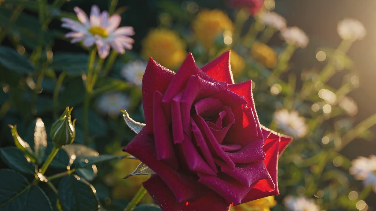 Una escena serena de un jardín con flores vibrantes con un enfoque suave, capturada desde un ángulo bajo
