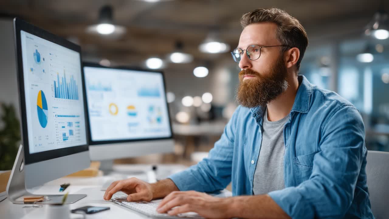 Focused Individual Analyzing Data on Dual Monitors in a Modern Office Environment, Showcasing Analytics and Productivity with Charts and Graphs