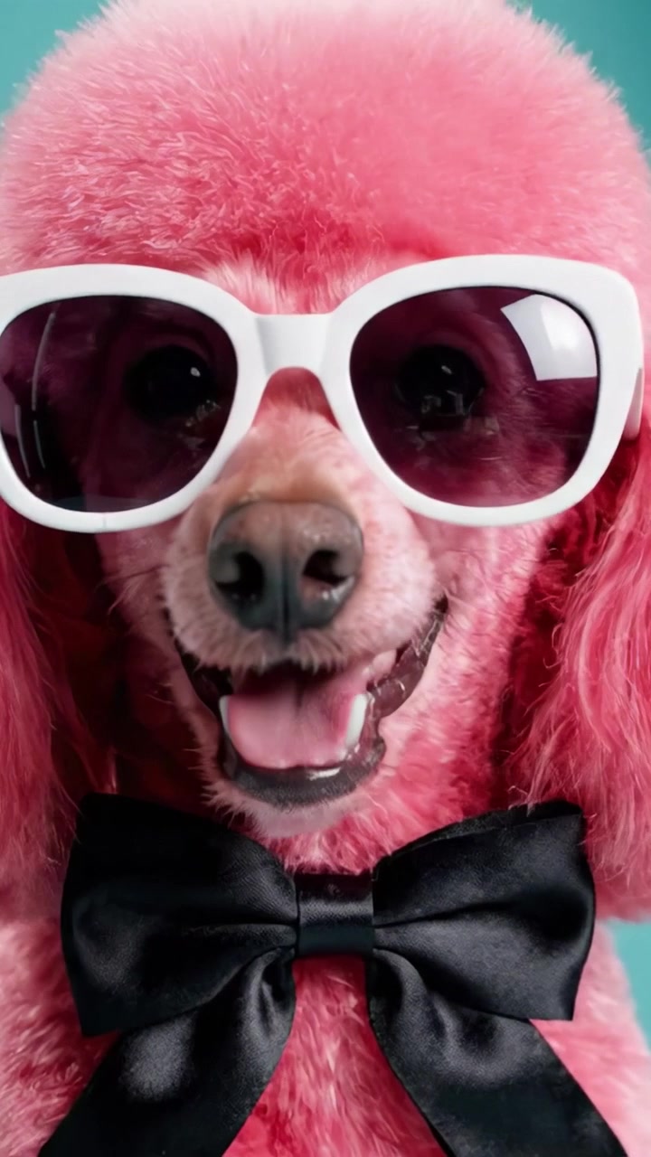 Ein stilvoller rosa Pudel posiert elegant mit Sonnenbrille und Fliege vor hellem Hintergrund, seine einzigartige Farbe und entzückende Persönlichkeit zur Schau stellend