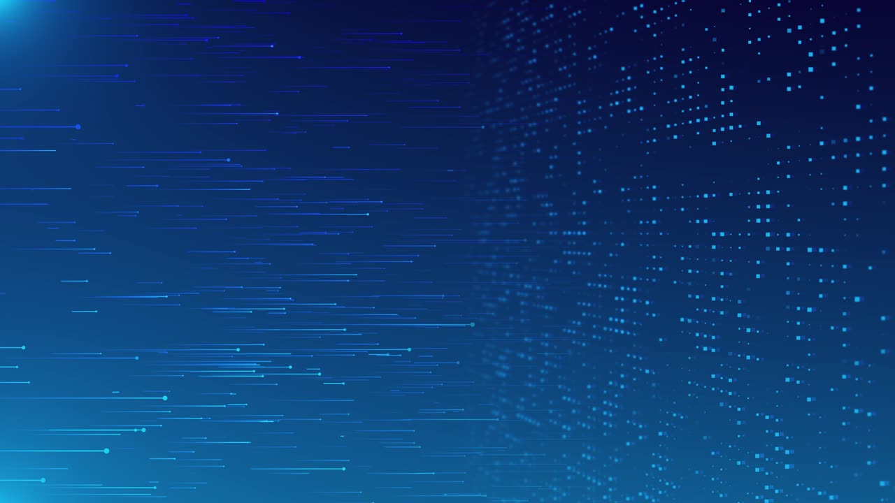 Animazione dinamica di particelle blu verso pareti digitali che creano un flusso di energia immersivo ispirato ai dati