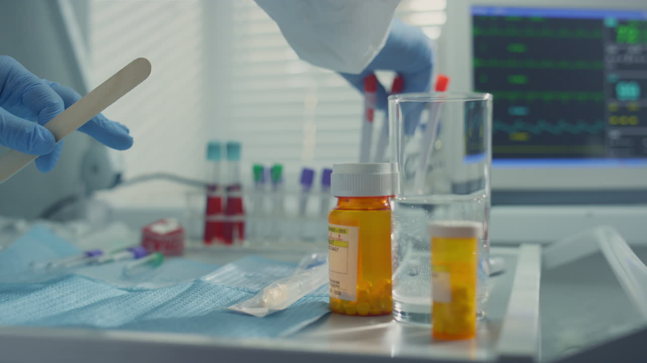 Doctor preparing covid swab tool in clinic. Medical equipment laboratory closeup
