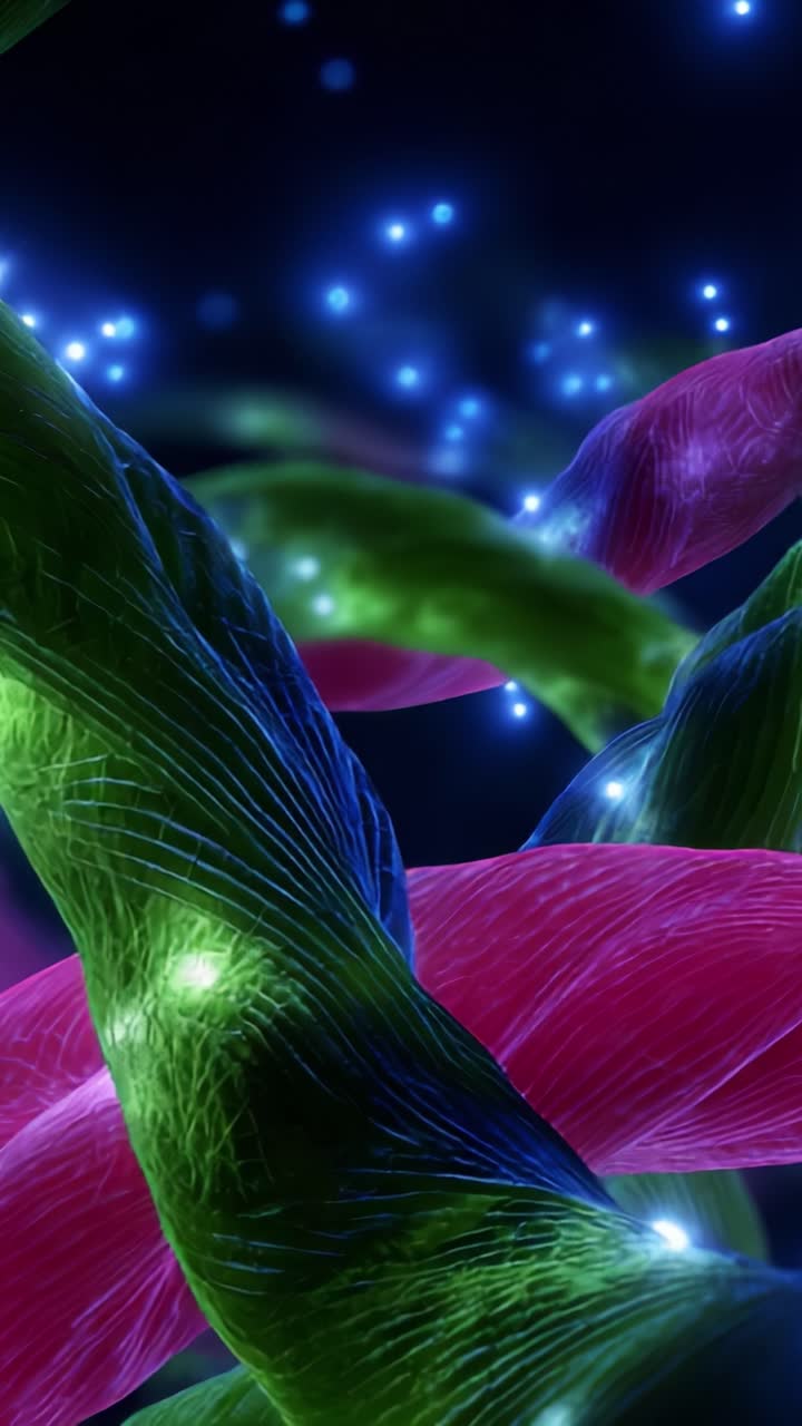 Una visualizzazione accattivante di strutture molecolari colorate e intrecciate, illuminate con elementi luminosi su uno sfondo scuro che mette in mostra le complessità biologiche