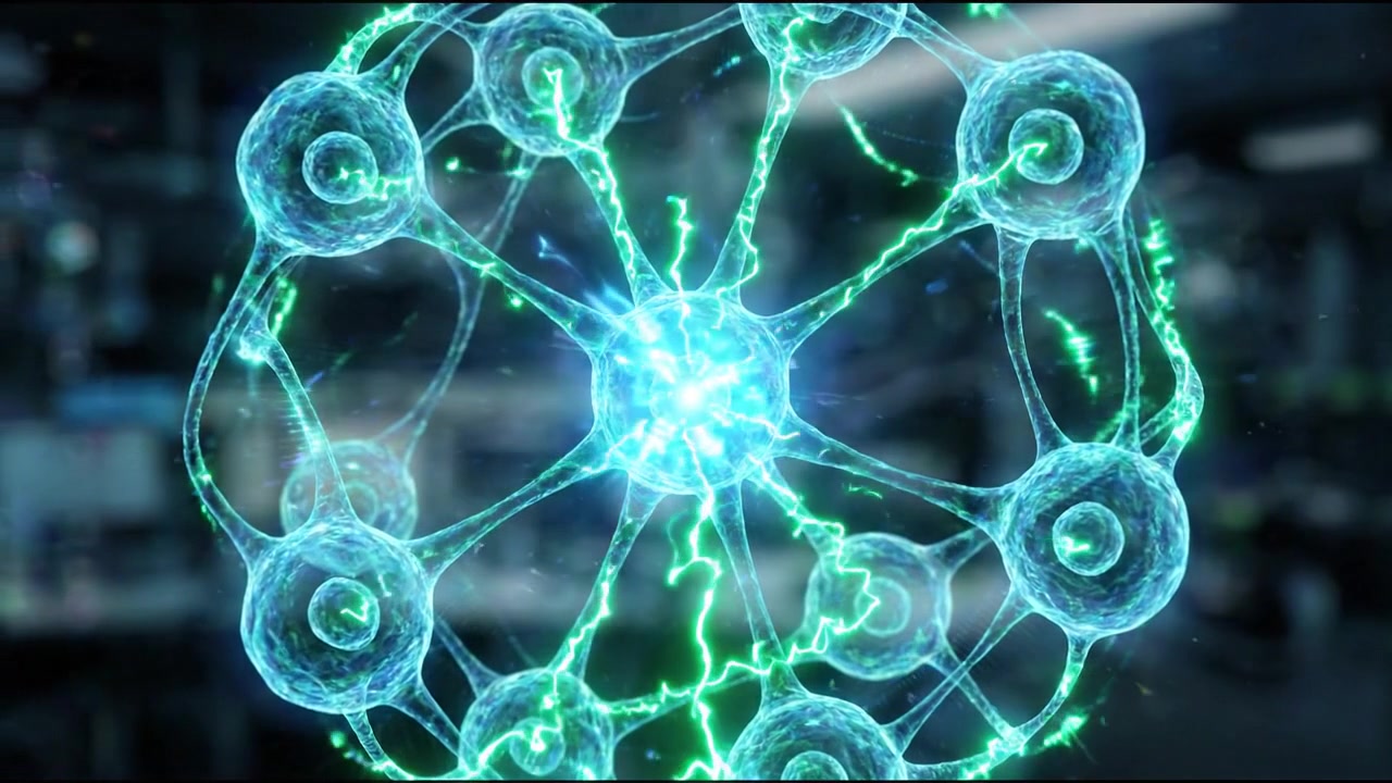 Microscopic blue cell cluster network floating in liquid 3D