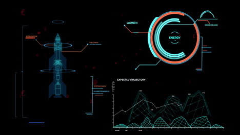 Animation-Der-Datenverarbeitung-Und-Raketenblaupause-Auf-Schwarzem-Hintergrund