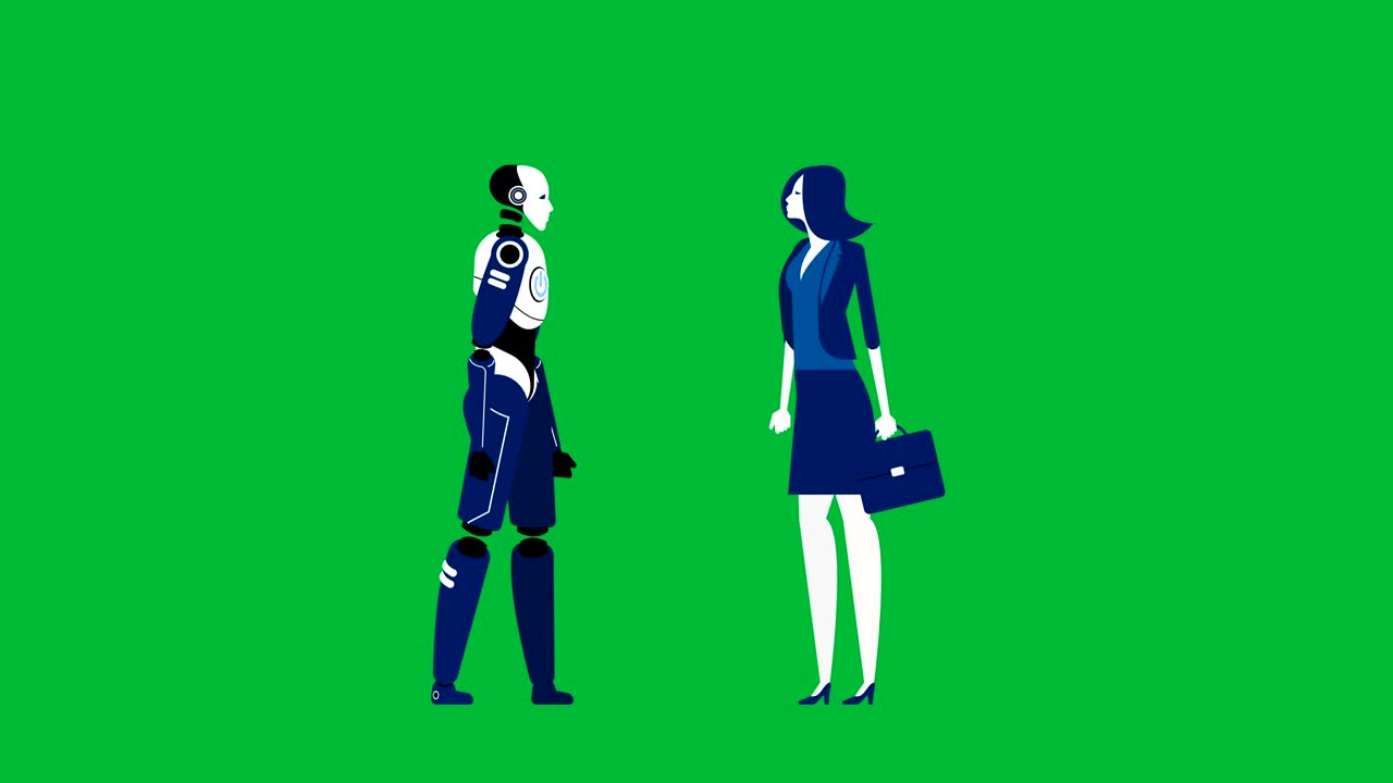 Businesswoman handshake with robot. Concept business technology video, Agreement,  4K Green screen footage, Animation, Technology