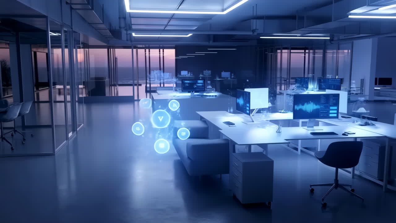 A modern, futuristic office with advanced data analysis technology and holographic displays