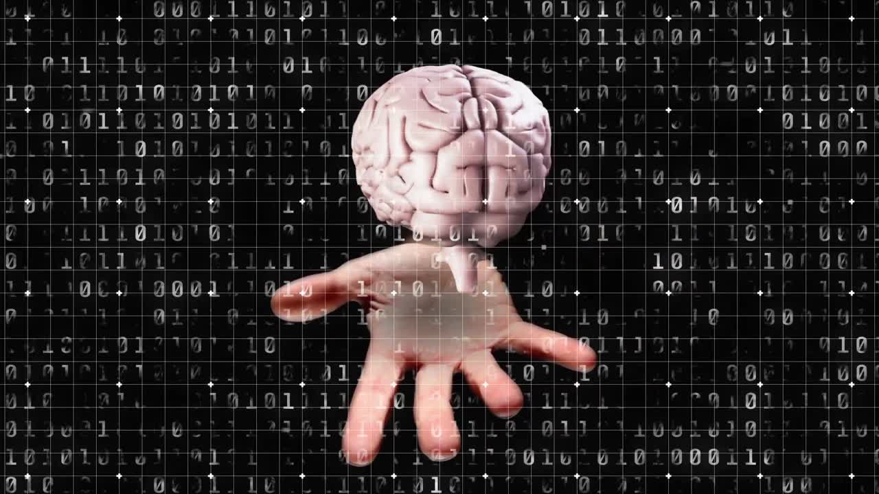 animación del procesamiento de datos de codificación binaria sobre el cerebro y la mano humanos