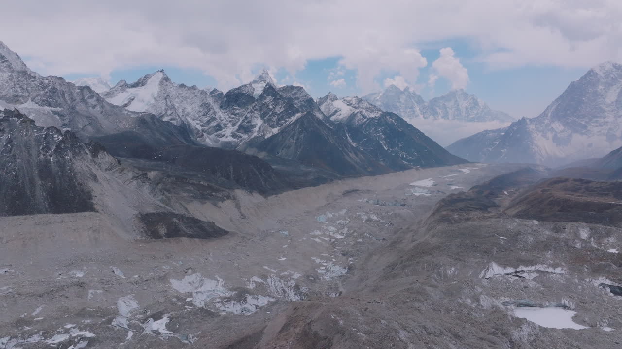 Gorakshep village on the Everest Base Camp trek in Nepal. High-altitude settlement, less snowfall, gloomy skies, and changing Himalayan weather reflect climate crisis, adaptation, and mountain beauty