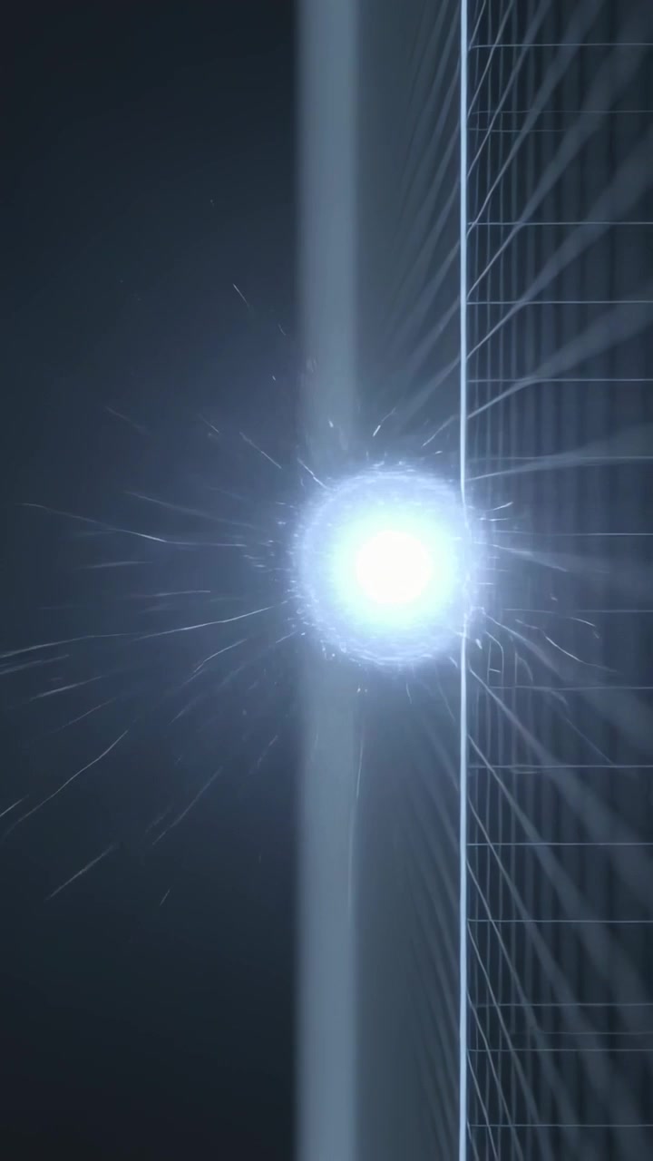 Vertical video: Moving bright orb hitting beam in dark grid, sending sparks, slit flare, copy space
