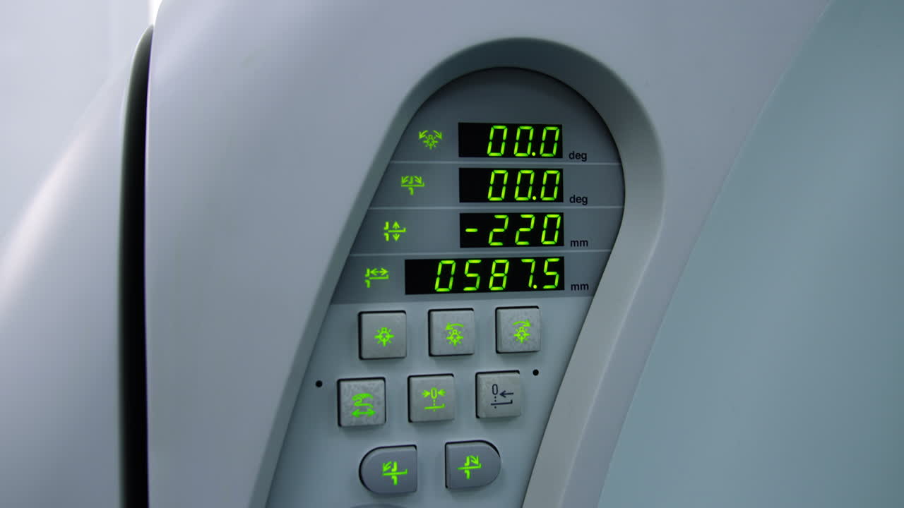 Control panel on the modern MRI machine. Toshiba equipment for resonance magnetic imaging in the modern hospital. Close up.