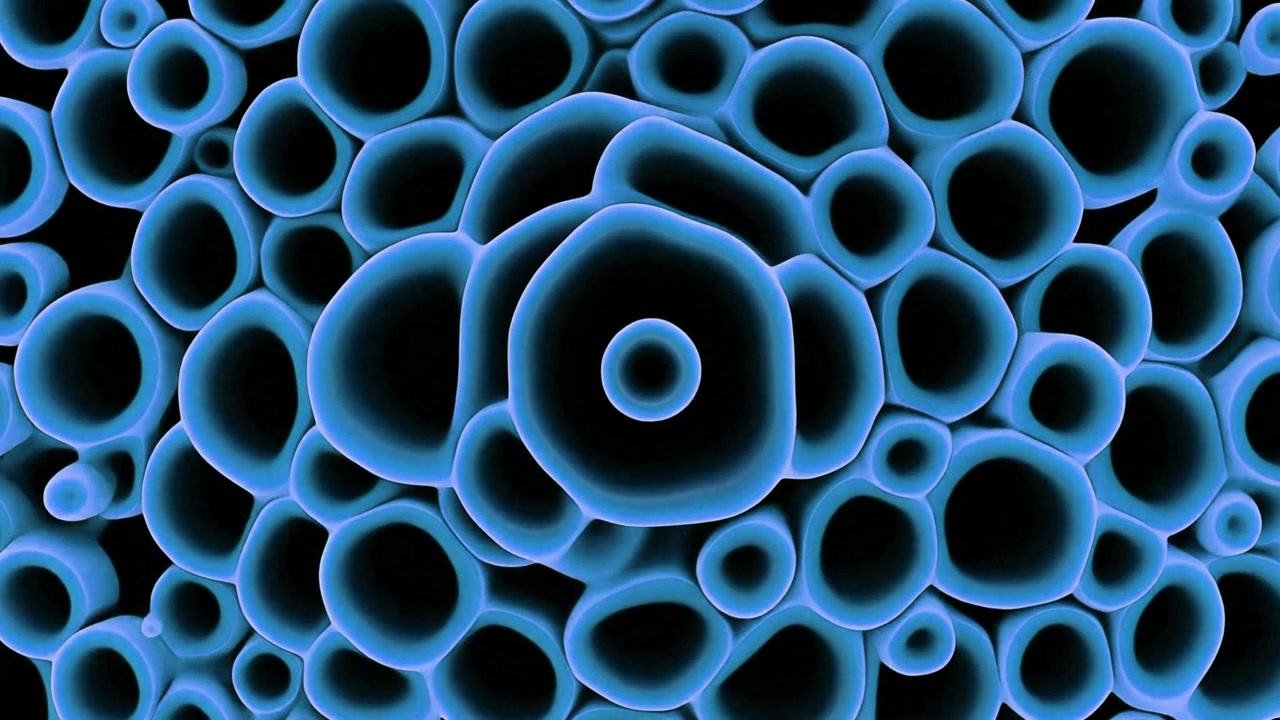 Animazione astratta di cellule biologiche blu luminose