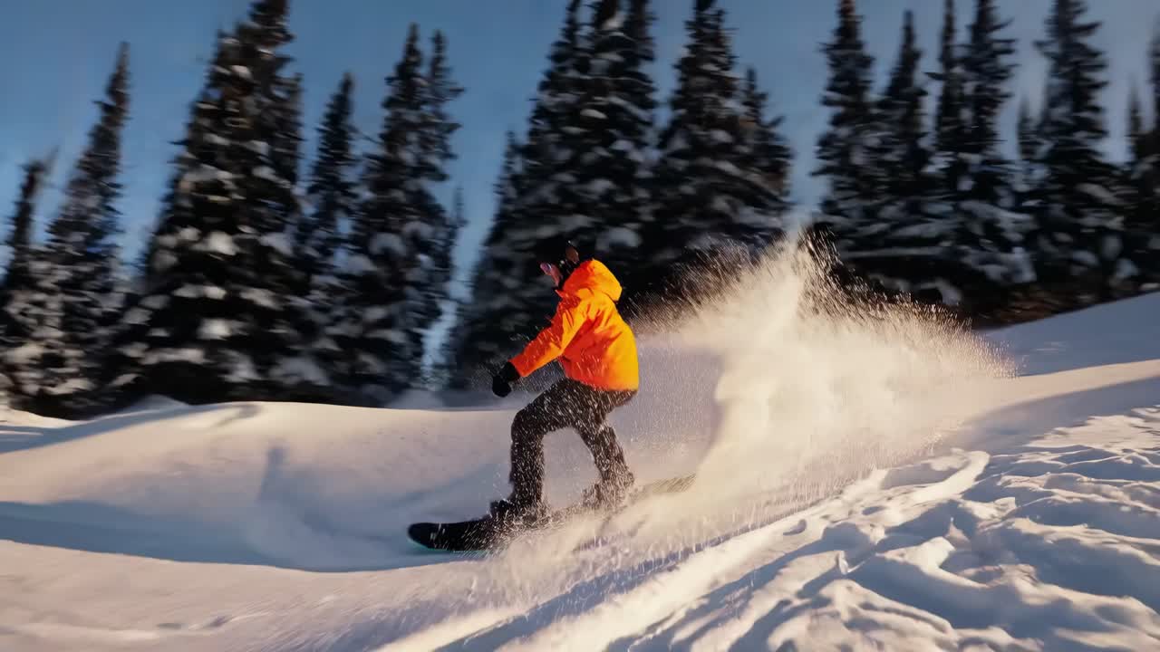 Dynamic video still of a snowboarder in a bright jacket, captured from a low angle