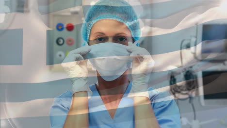 animation of flag of greece waving over surgeons in operating theatre