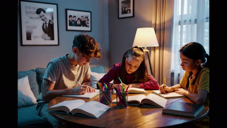 children studying at a table at night