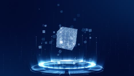 motion graphic of blue digital cube with futuristic circle rotation and cube icon levitation on abstract background technology and metaverse concept