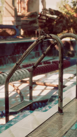 abandoned swimming pool in post-apocalyptic ruins