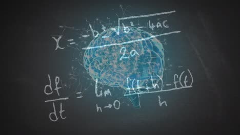 Animation-of-rotating-brain-and-math-formulas-on-grey-background
