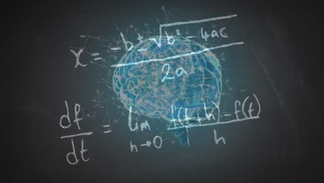 animación de cerebro giratorio y fórmulas matemáticas en fondo gris