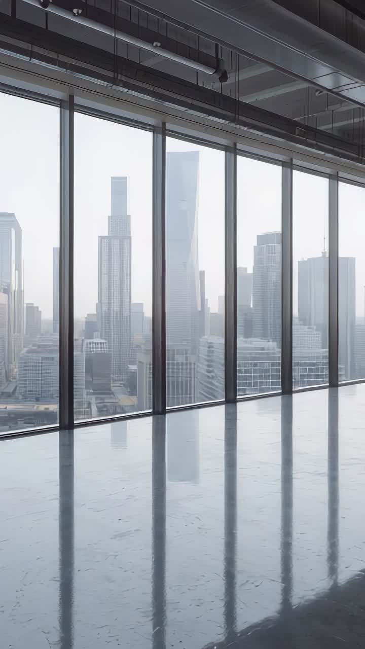 Vídeo vertical: cámara en movimiento que revela una oficina vacía con pared de cristal y reflejos del skyline deslizándose