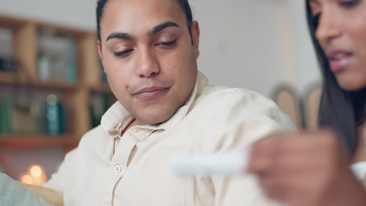 Infertility, angry or couple with pregnancy test