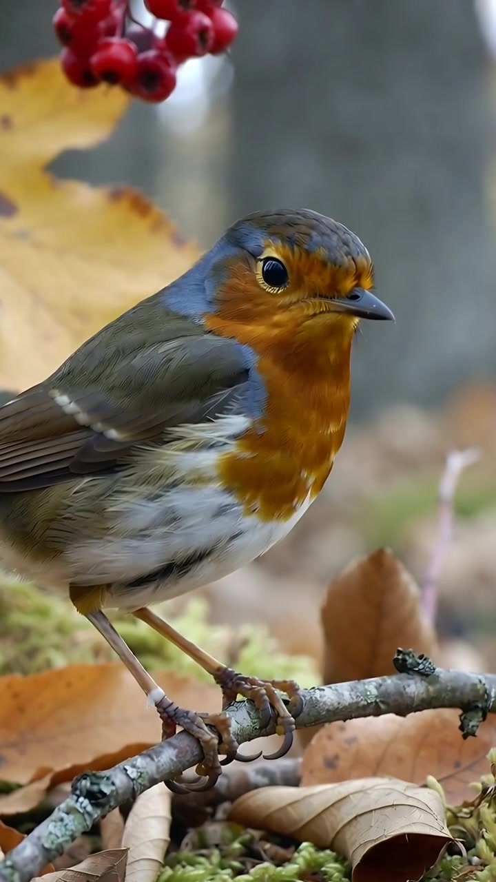 Vídeo vertical: Filmagem de um pisco-de-peito-ruivo observando, empoleirado em um galho coberto de líquen na floresta com bagas.