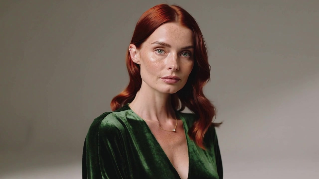 La telecamera riprende, una modella inclina la testa e sposta lo sguardo in studio per un ritratto, indossando un abito di velluto verde.