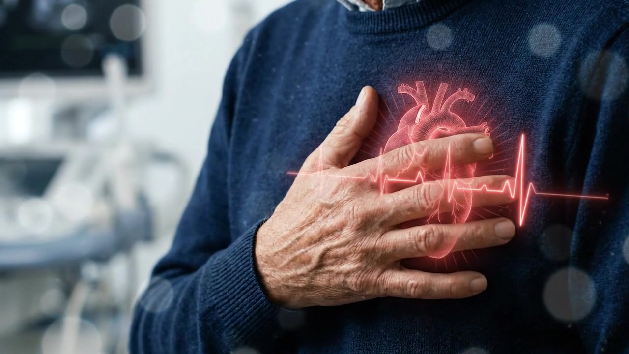 Older person pressing chest over red heart graphic in close medical symptom view