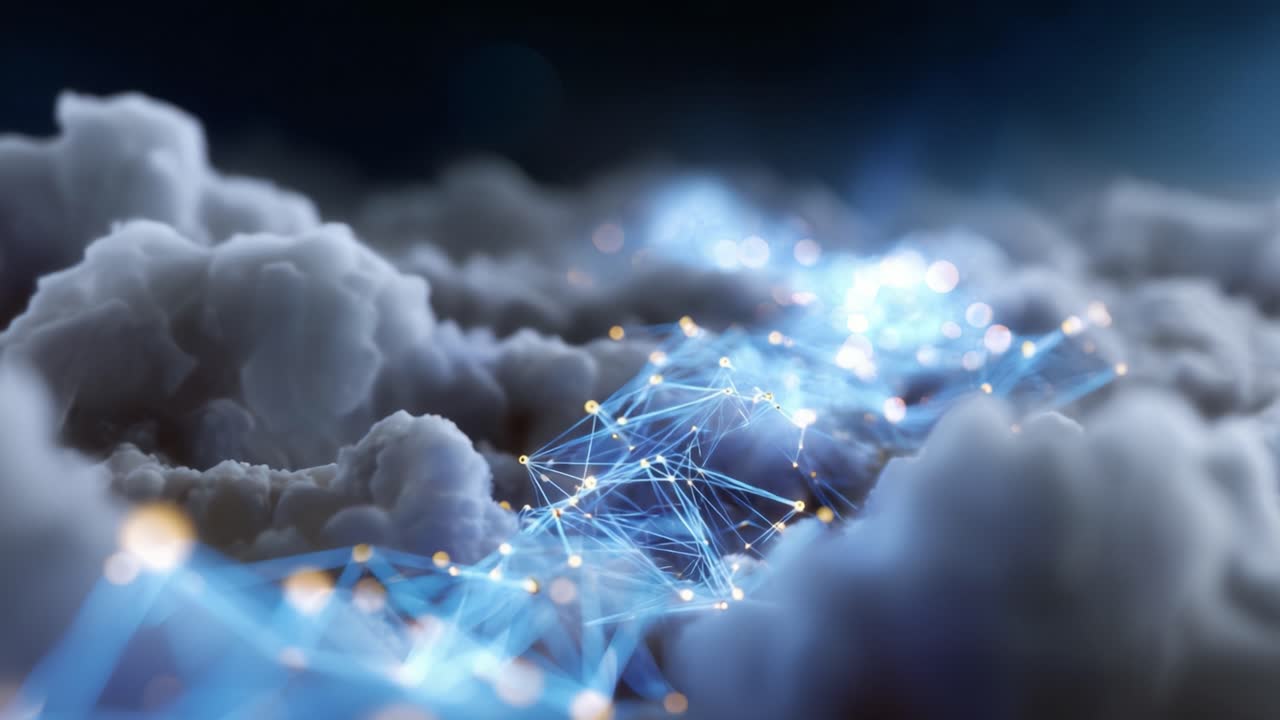 Aerial View of Abstract Digital Network Flow Represented Through Intricate Light Connections Within a Cloudy Environment, Showcasing Modern Technology Aesthetics