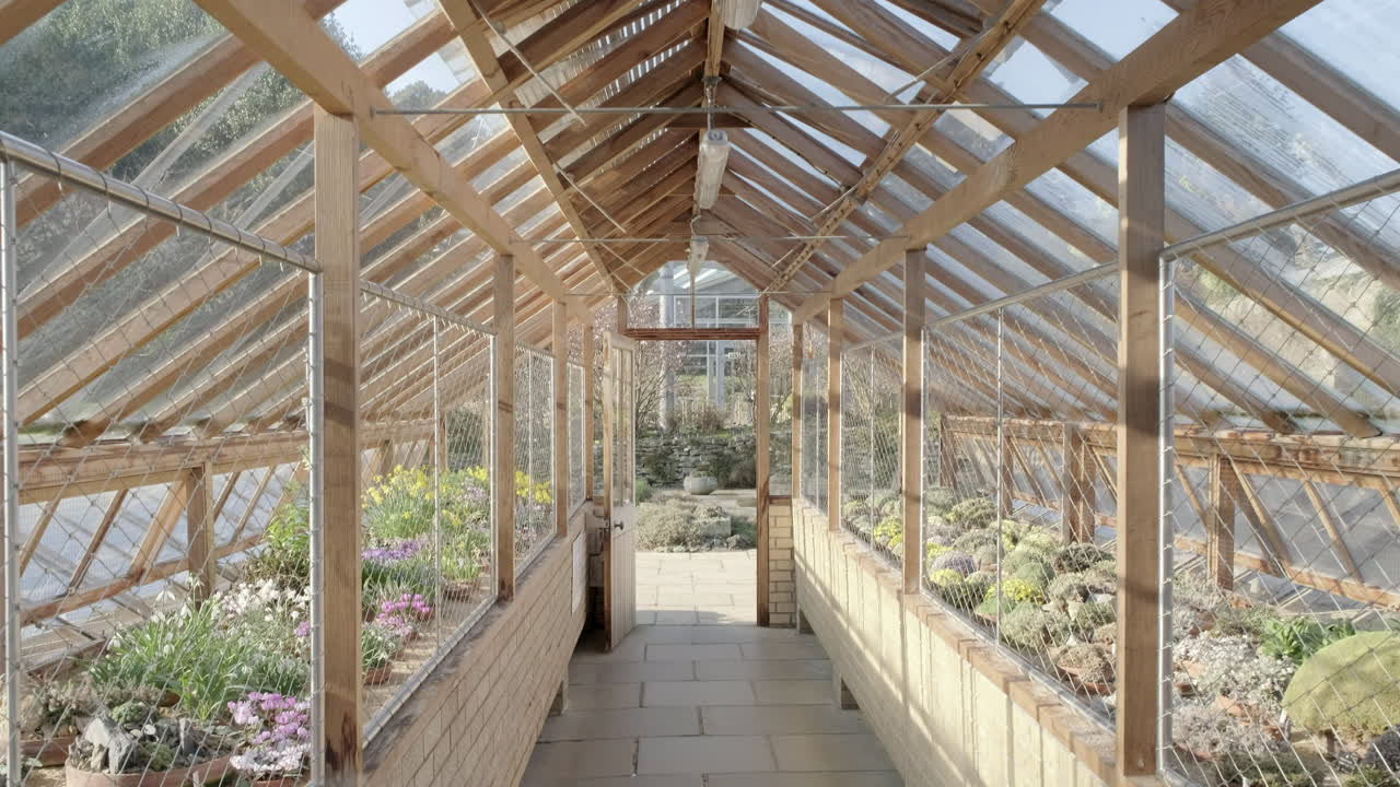 pan hacia abajo desde el techo de un invernadero que muestra plantas en maceta a la derecha y a la izquierda detrás de una malla de alambre en el jardín botánico real en un día soleado, edimburgo, escocia