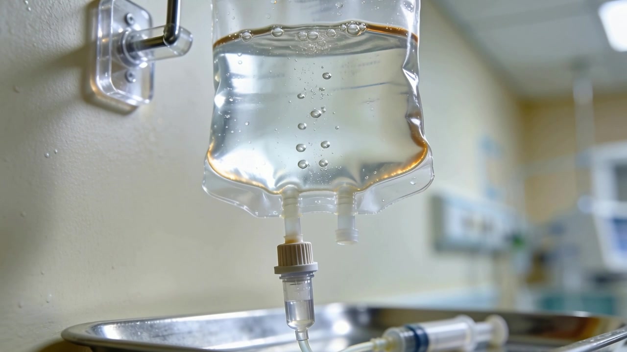 Bolle che si formano nella sacca per flebo e si staccano, causando un gocciolamento costante nella camera in clinica