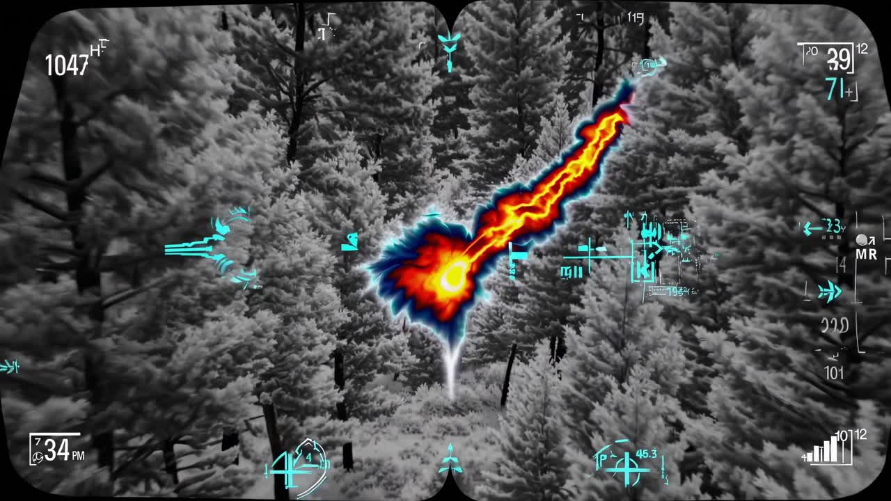 Thermal imaging sequence reveals dynamic heat signatures amidst dense forest, showcasing the movement and intensity of energy flow through the trees