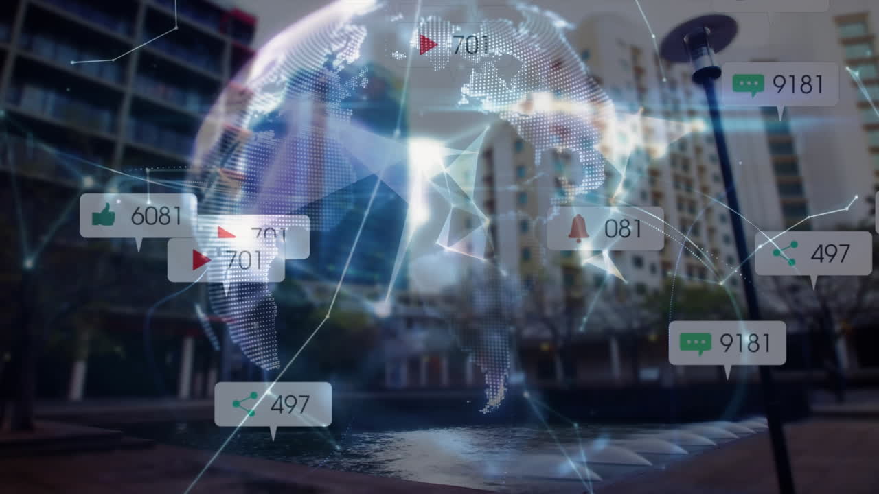 연결 네트워크와 소셜 미디어 아이콘과 숫자를 가진 지구의 애니메이션