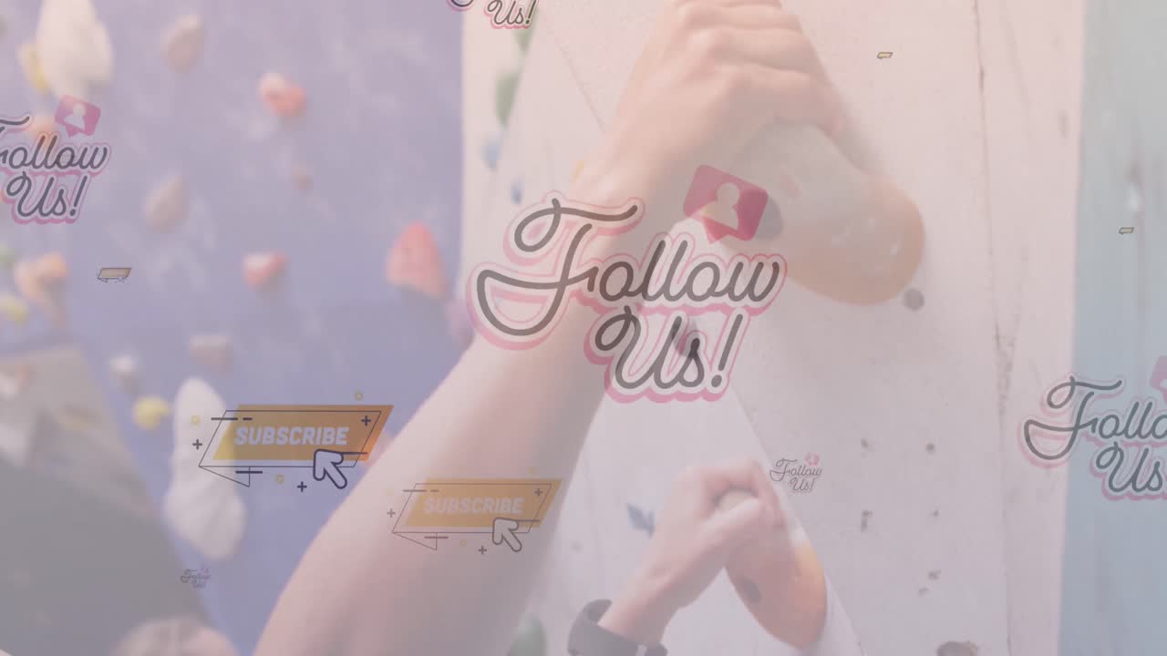 체육관에서 벽을 오르는 백인 건강한 여성의 클로즈업에 대해 떠다니는 소셜 미디어 컨셉 아이콘