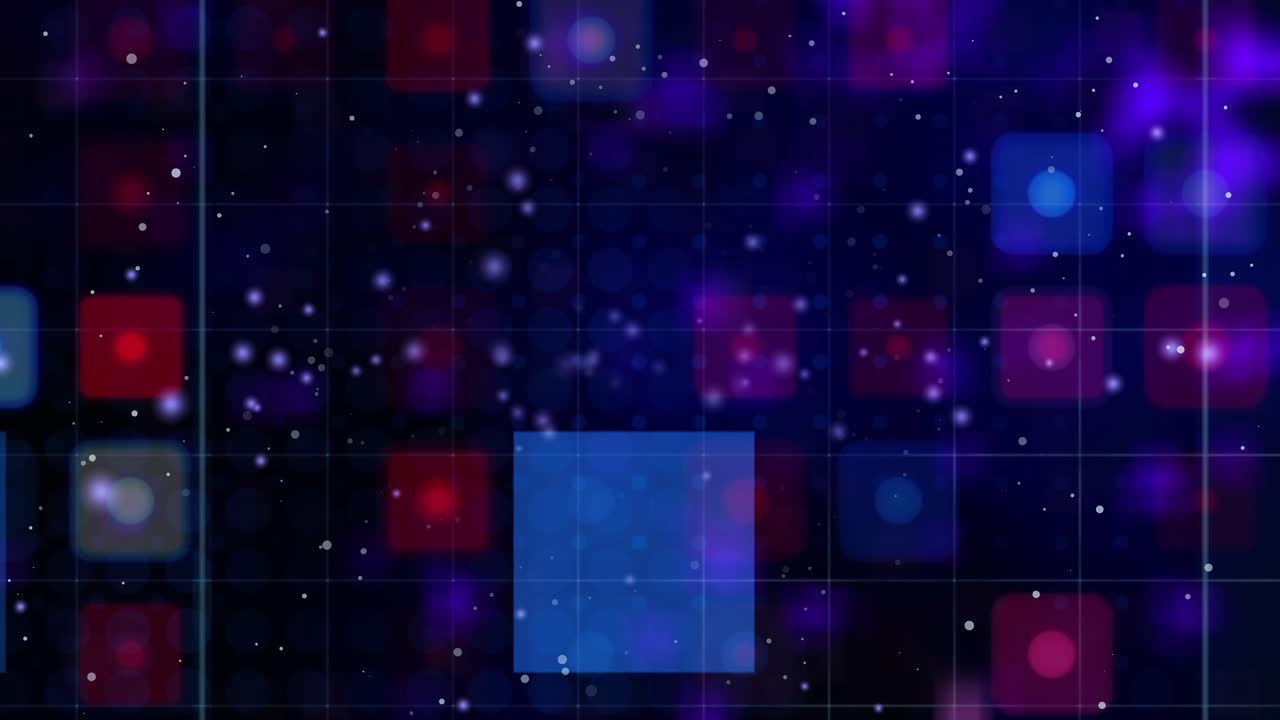 Dynamic abstract technology animation featuring illuminated grids, squares, and particles zooming forward, giving the illusion of flying toward the viewer, virtual data tunnel or cyberspace matrix
