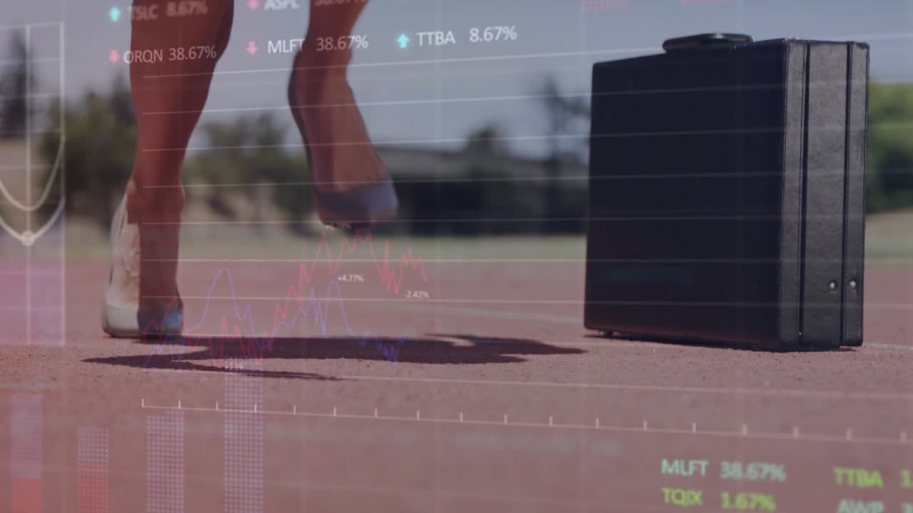 Businesswoman pressing hands on track, pushing off, launching in heels to sprint, briefcase upright