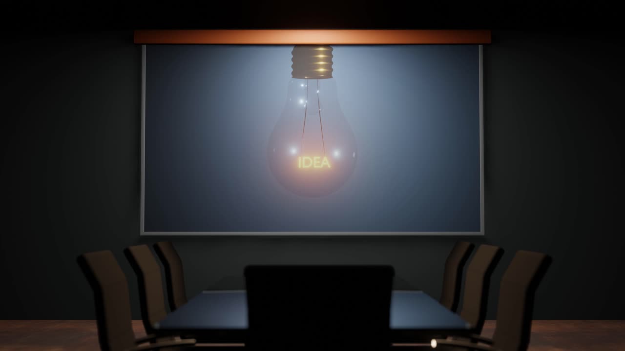Empty office boardroom with screen on wall with IDEA light bulb animation. Fictional 4K 3D rendering business idea concept animation.