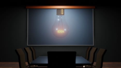 empty office boardroom with screen on wall with idea light bulb animation. fictional 4k 3d rendering business idea concept animation.