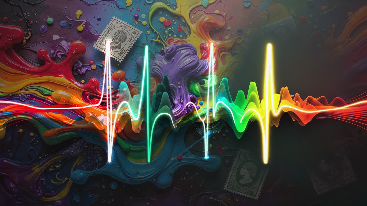 Vibrant Abstract Neon Waveform with Artistic Paint Splashes