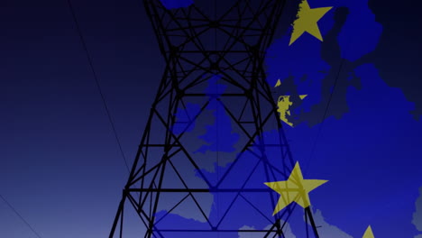 animation of european union flag and map of europe over electricity pylon