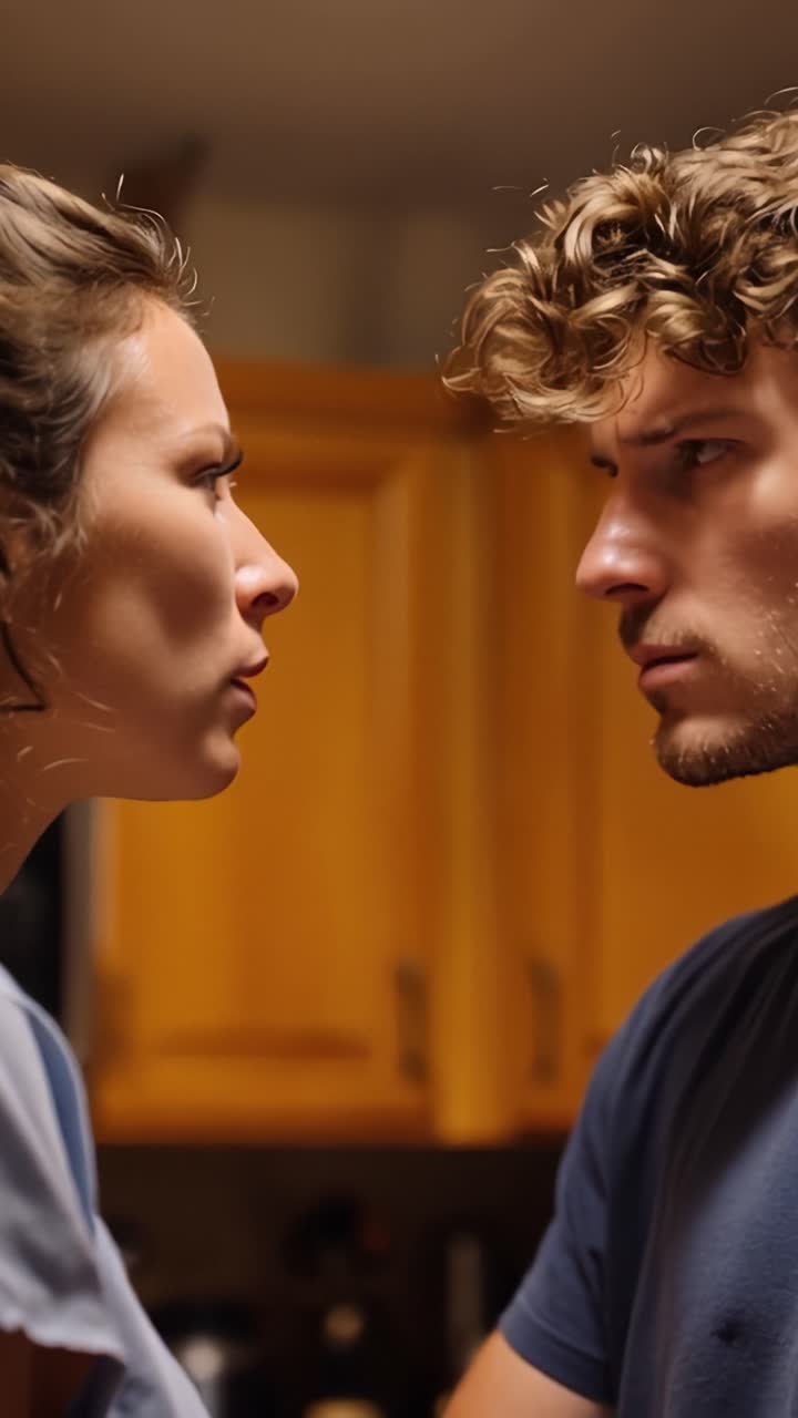 Momento di tensione in cucina. Due persone si affrontano da vicino. Si guardano intensamente, le emozioni sono palpabili. La luce soffusa evidenzia i loro profili. Lo sfondo della cucina aggiunge un tocco domestico.