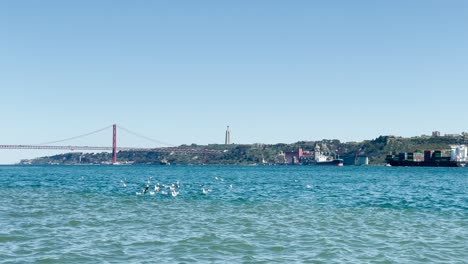 Fliegende-Möwen-über-Dem-Fluss-Tejo-In-Der-Nähe-Einer-Brücke