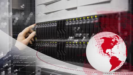 Animation-of-globe-and-data-processing-over-caucasian-female-worker-inspecting-server-room