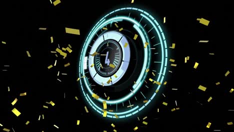 Animation-of-moving-combination-lock-with-gold-confetti-falling-on-black-background