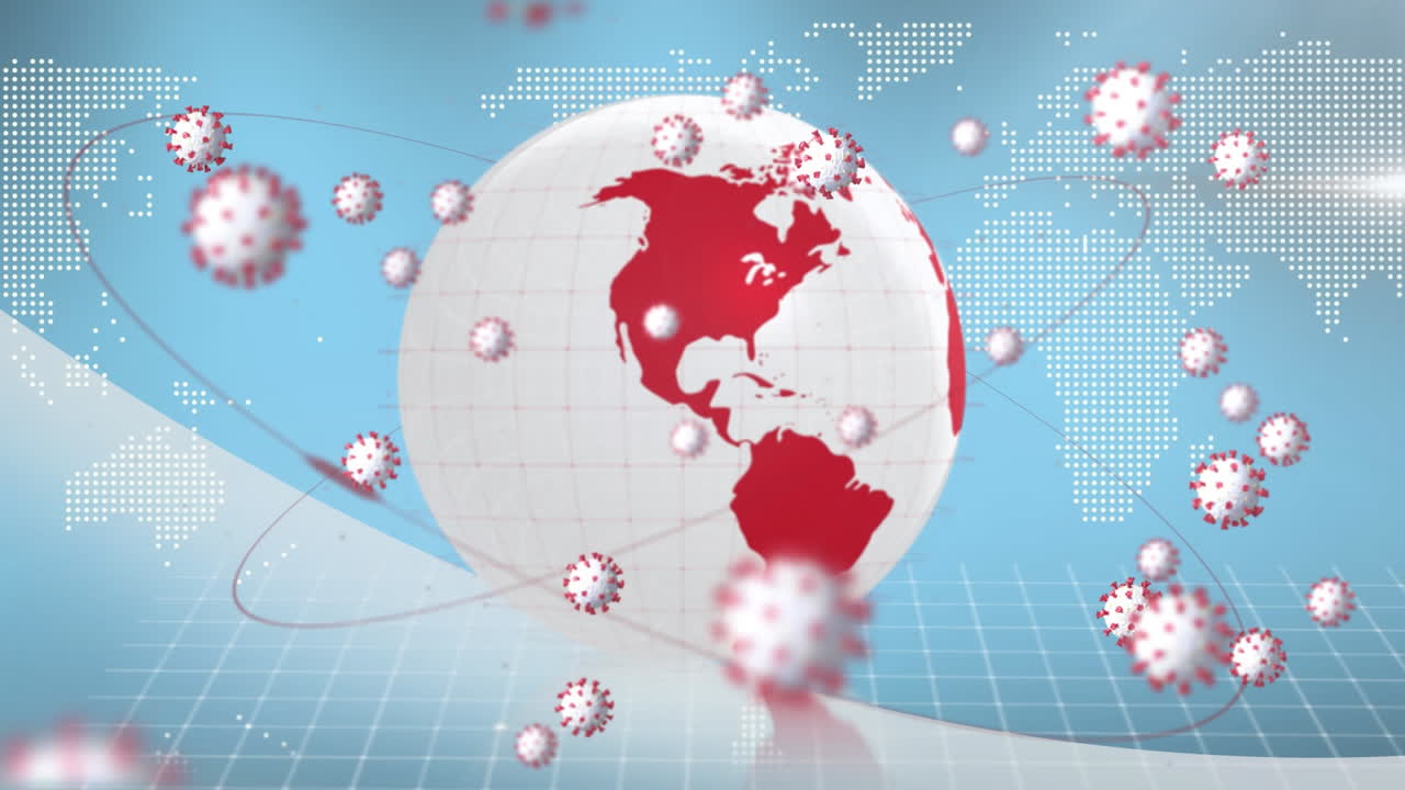 전 세계를 날아다니는 코로나19 세포의 애니메이션