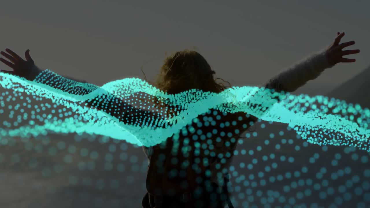 Woman opening arms lakeside, teal data wave on start rising across torso visualizing technology