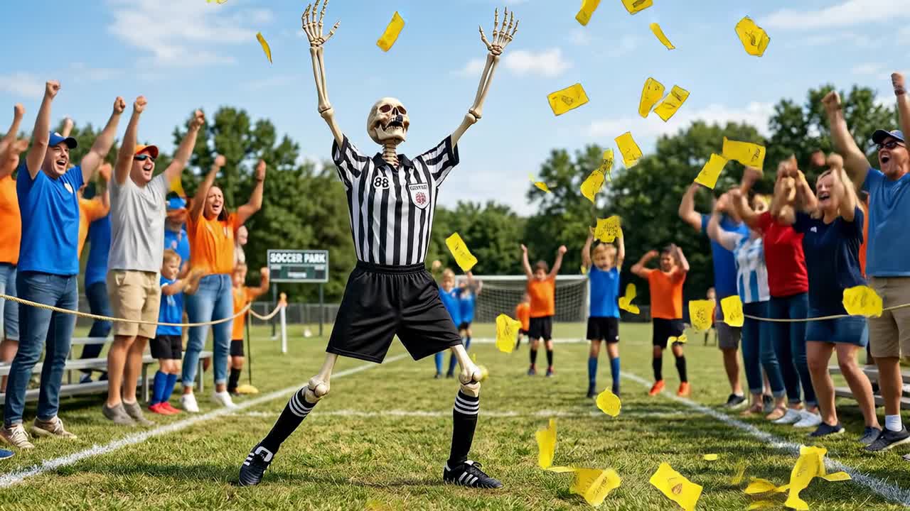 Lustiger Skelett-Schiedsrichter zeigt gelbe Karten auf dem Fußballfeld